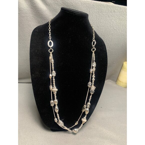 Silver-Tone Beaded Multi-Strand Necklace with Chain & Textured Beads 36" - Picture 1 of 7